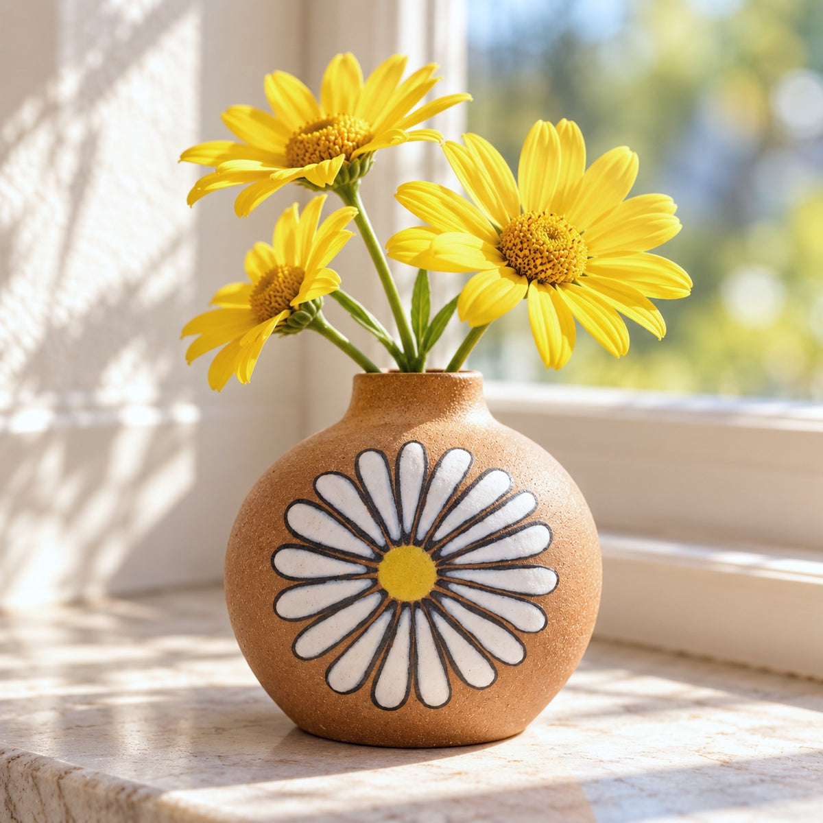 Small rustic bud vase with bright yellow daisies on a ledge in a sunny window. 