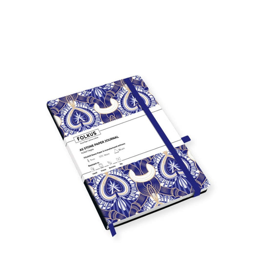 Stone paper journal with purple, blue and white paisley pattern on a white background