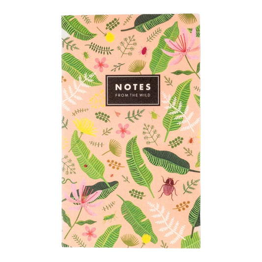 Front cover of the mini notepad with  tropical print in pink and greencolorful 