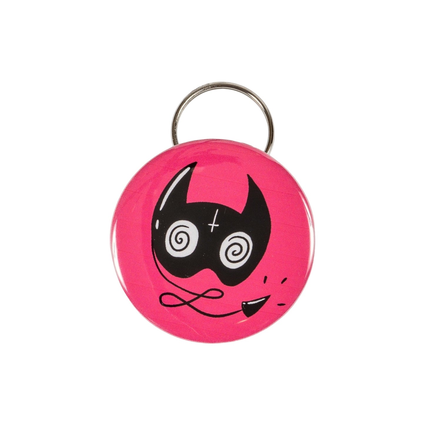 Combo keychain and bottle opener with a sassy cat mask on pink