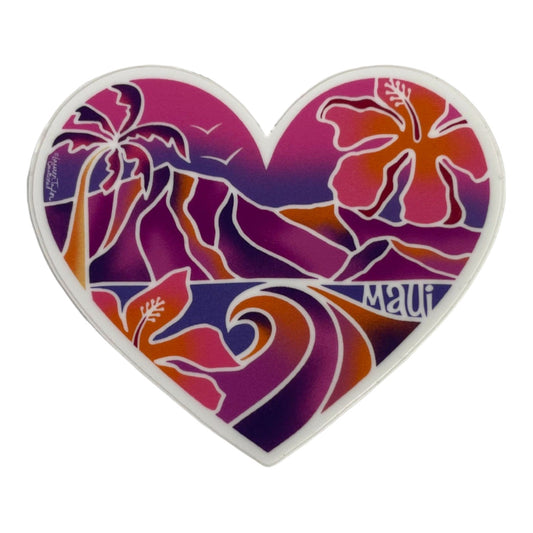 Heart-shaped vinyl sticker with palm trees and flowers in pink and purple