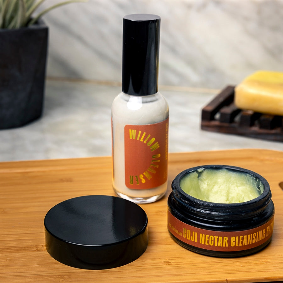 Willow and Goji cleansers on bamboo tray