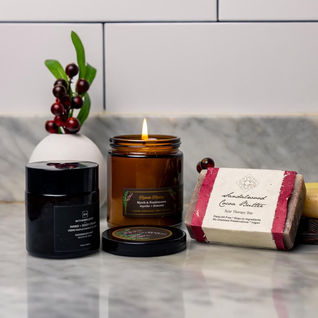 Jar of the Lavender and Lemon lotion with candle and soap