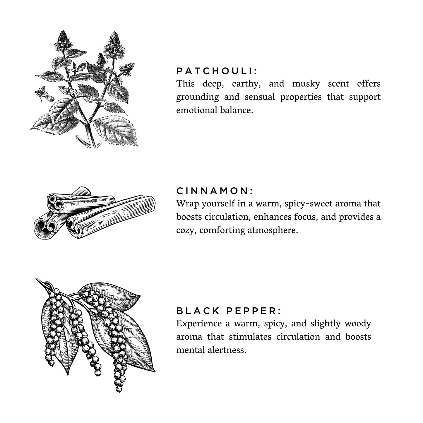 Graphic of the essential oils in the Moonglow candle, patchouli, cinnamon, and black pepper
