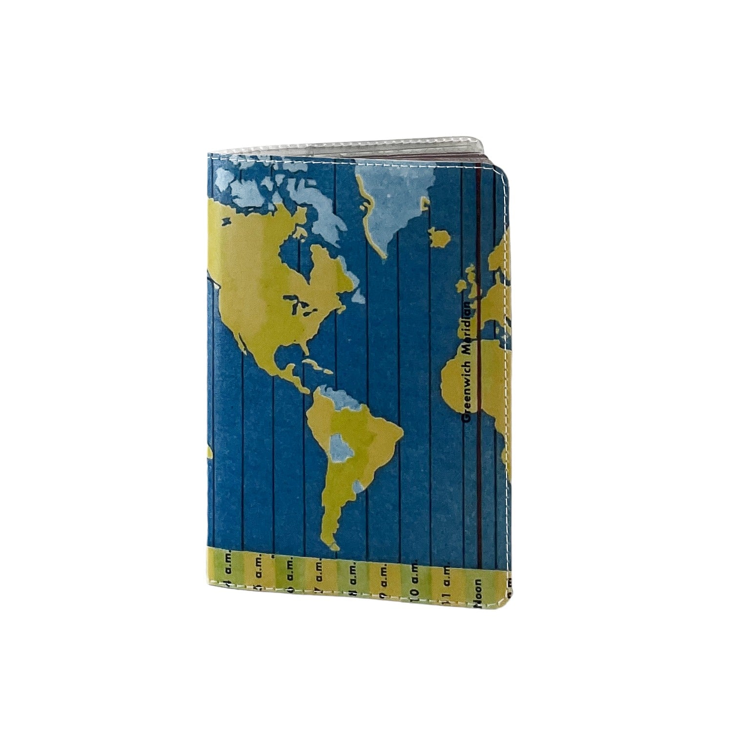 Passport cover with map of the world in yellow and blue