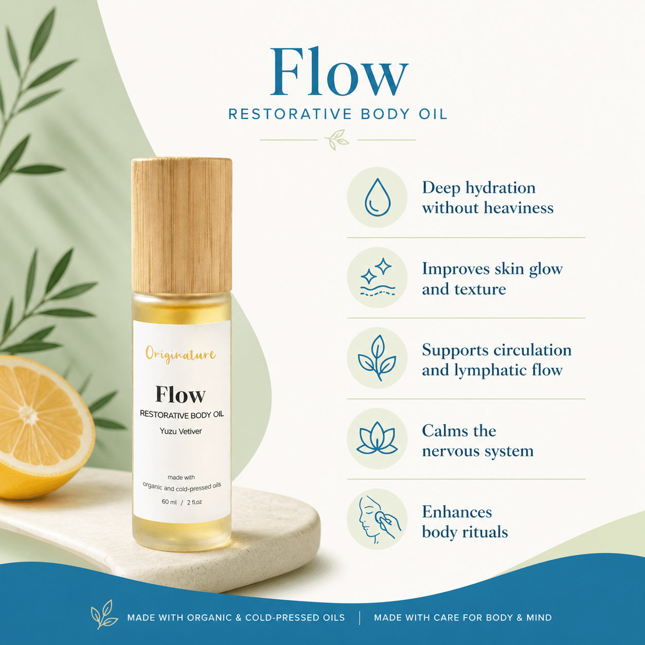 Flow restorative body oil bottle with citrus and green leaves on a light background