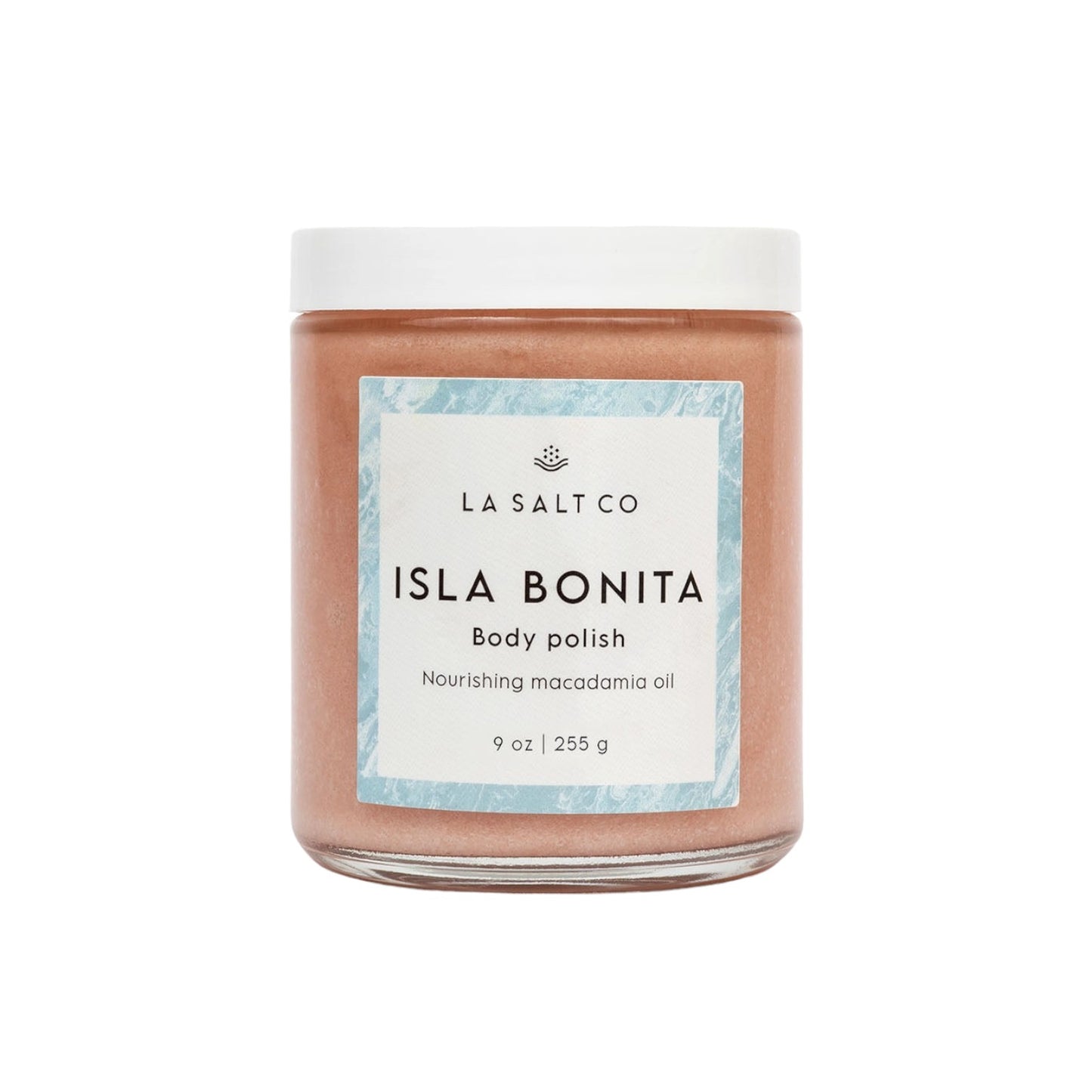 9 oz glass jar of Isla Bonita body polish from LA Salt Co