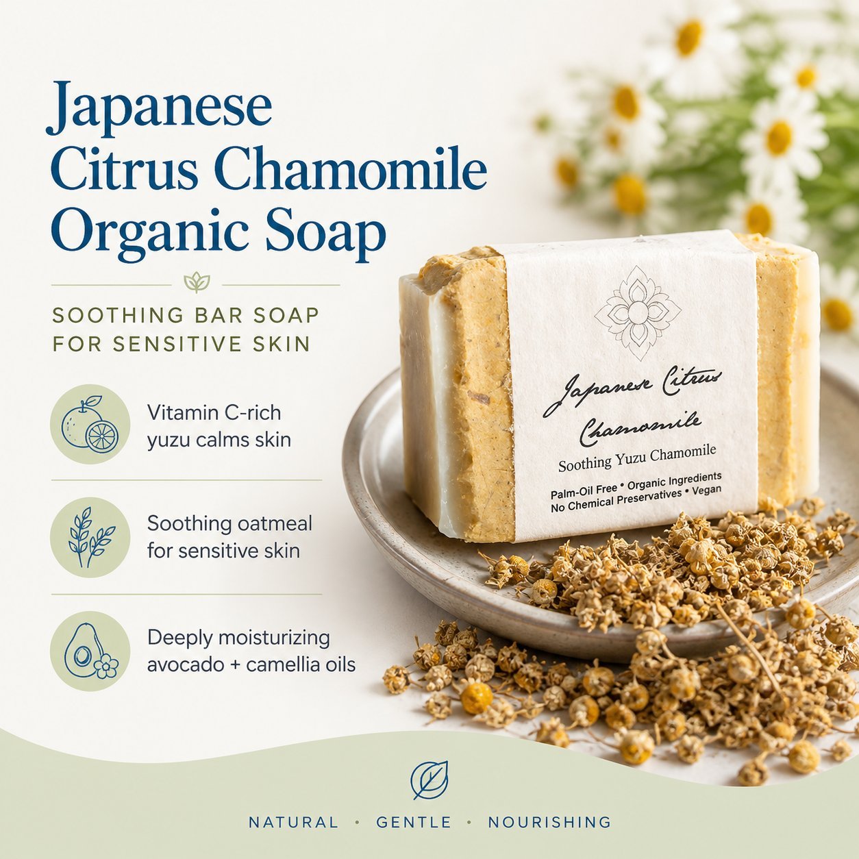 Japanese Citrus Chamomile Handmade Soap Bar with flowers and product details