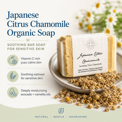 Japanese Citrus Chamomile Handmade Soap Bar with flowers and product details