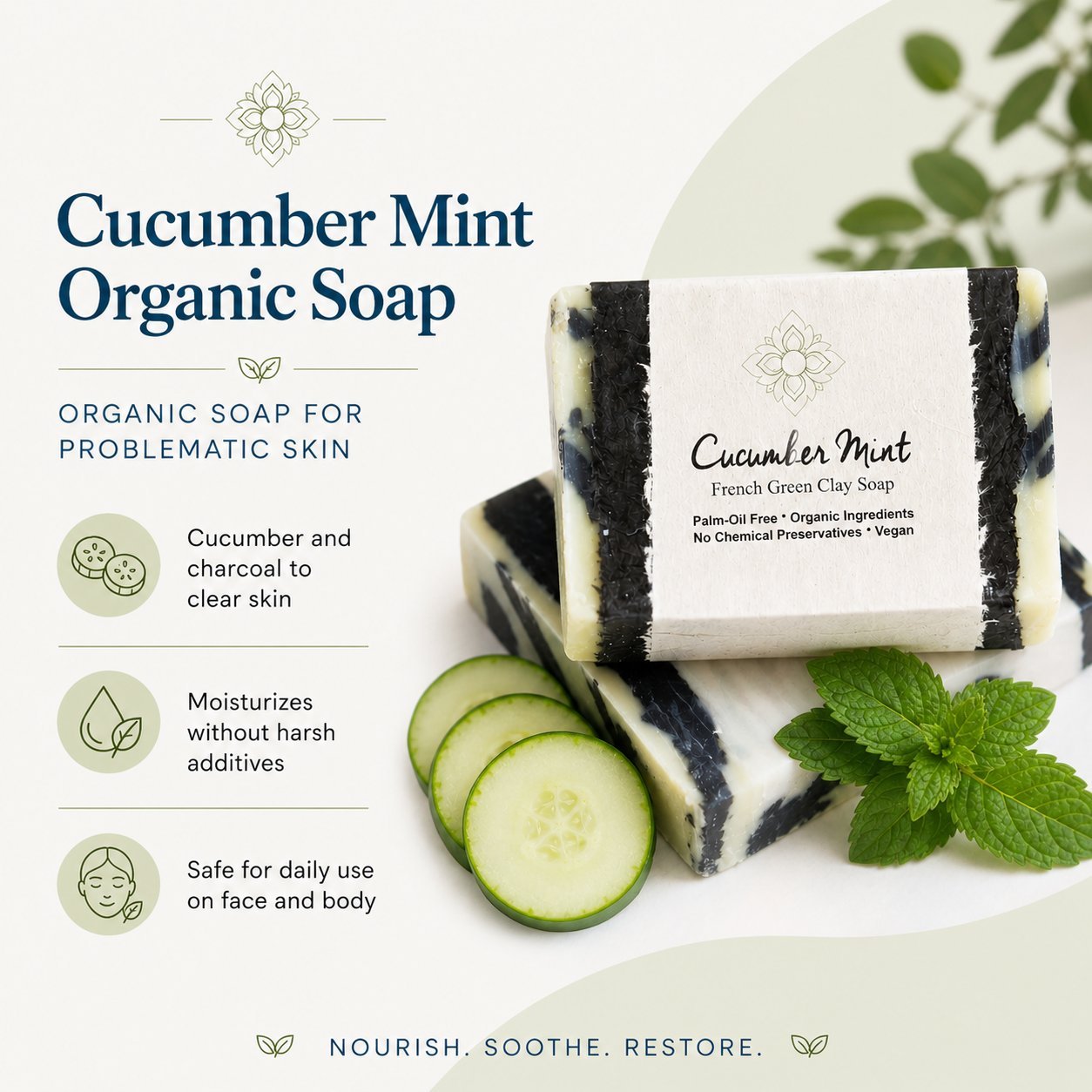 Cucumber Mint Organic Soap with cucumber slices and mint leaves on a white background