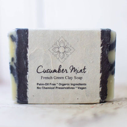 Cucumber Mint French Green Clay Soap with branding on a light background