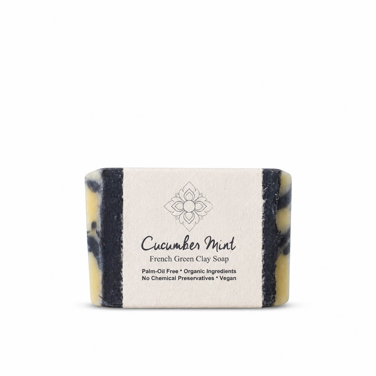 Cucumber Mint bar of soap with a label on a white background