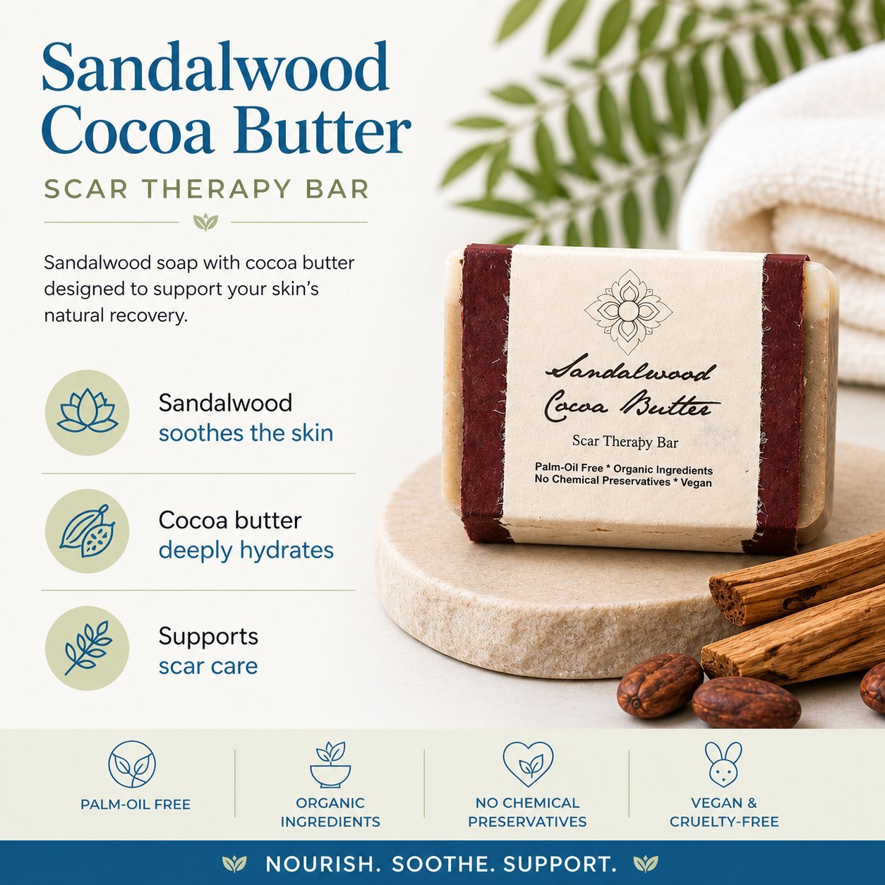 Bar of Sandalwood Cocoa butter soap with product description on white