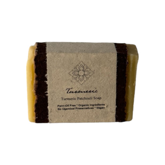 Handmade Soap Bar made with turmeric and patchouli wrapped in paper
