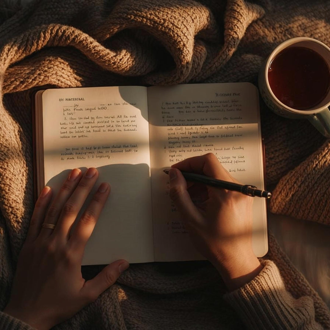 Woman writing in a journal with a cup of tea and warm blanket