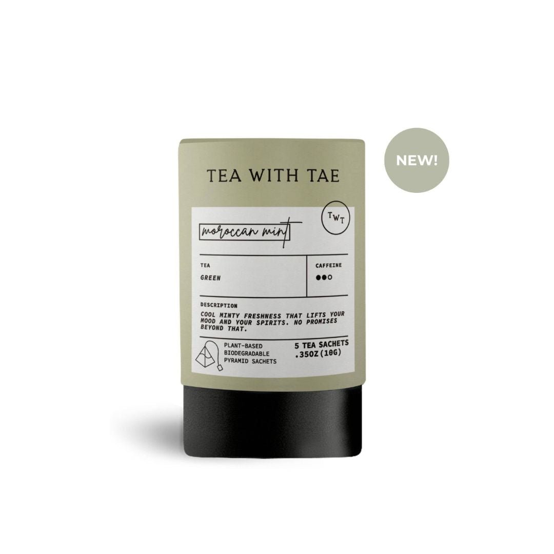 Tea package with 'Tea with Tae' branding on a white background