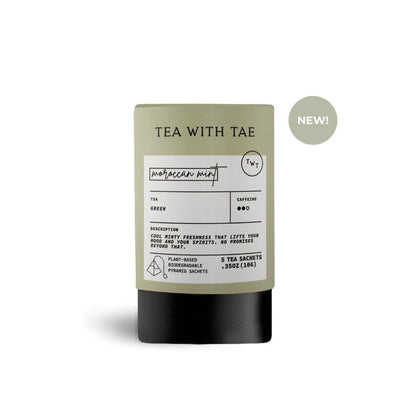 Tea package with 'Tea with Tae' branding on a white background
