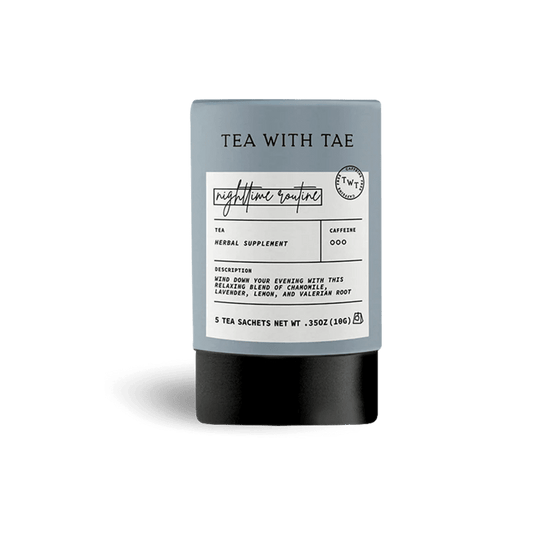Nighttime Routine Tea package with label on a white background