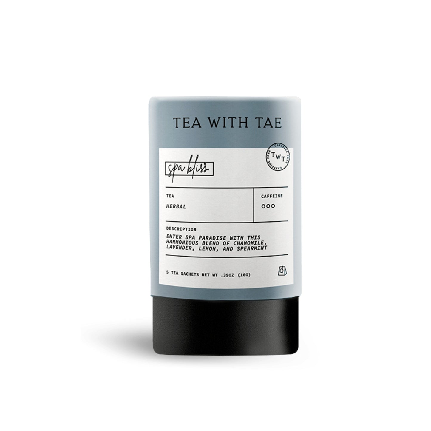 A tea sachet container labeled 'TEA WITH TAE' and 'spa bliss' on a clean white background.