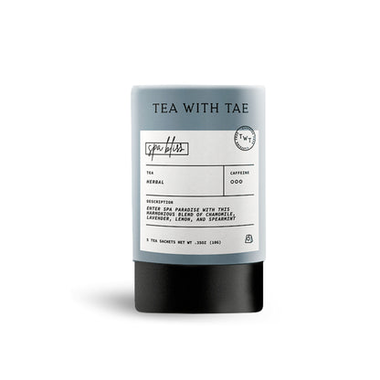 A tea sachet container labeled 'TEA WITH TAE' and 'spa bliss' on a clean white background.