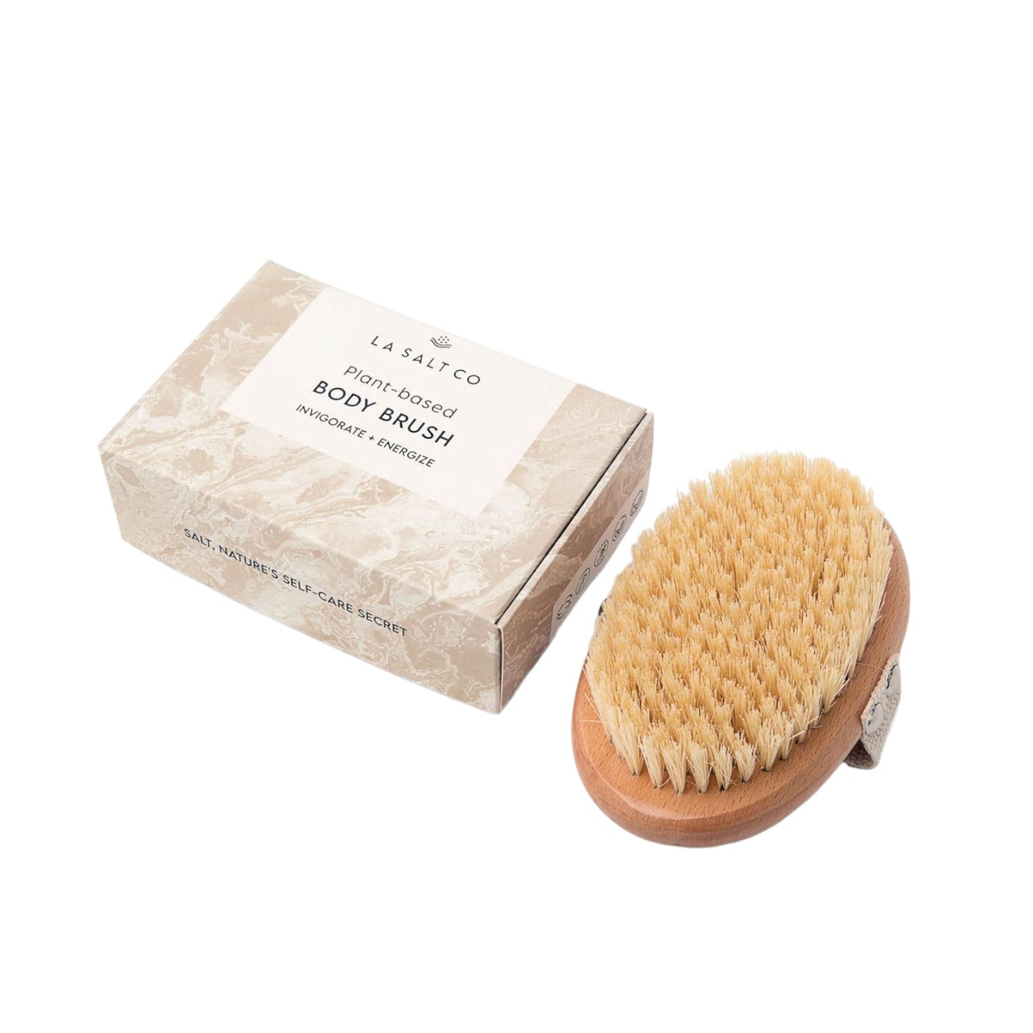 Plant-based body brush with wooden handle and strap