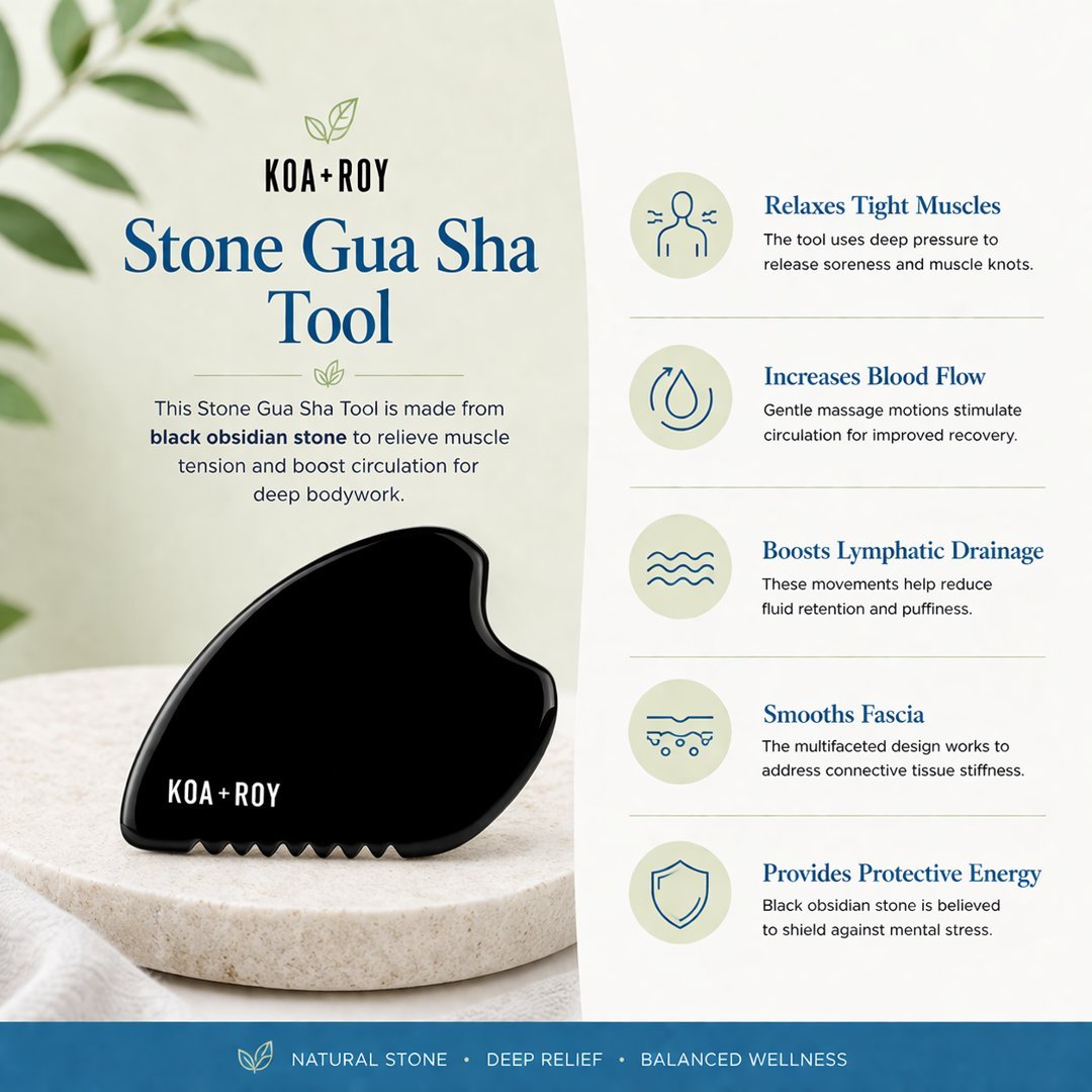 Koa+Roy Stone Gua Sha Tool with product details on a white background