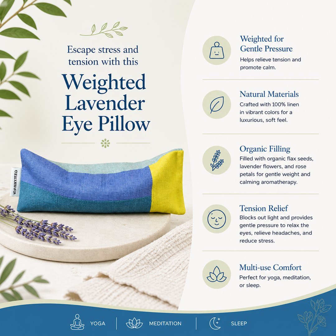 Weighted lavender eye pillow with product details on a white background