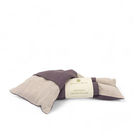 A pair of linen and lavender eye pillows from Green Devi on a white background