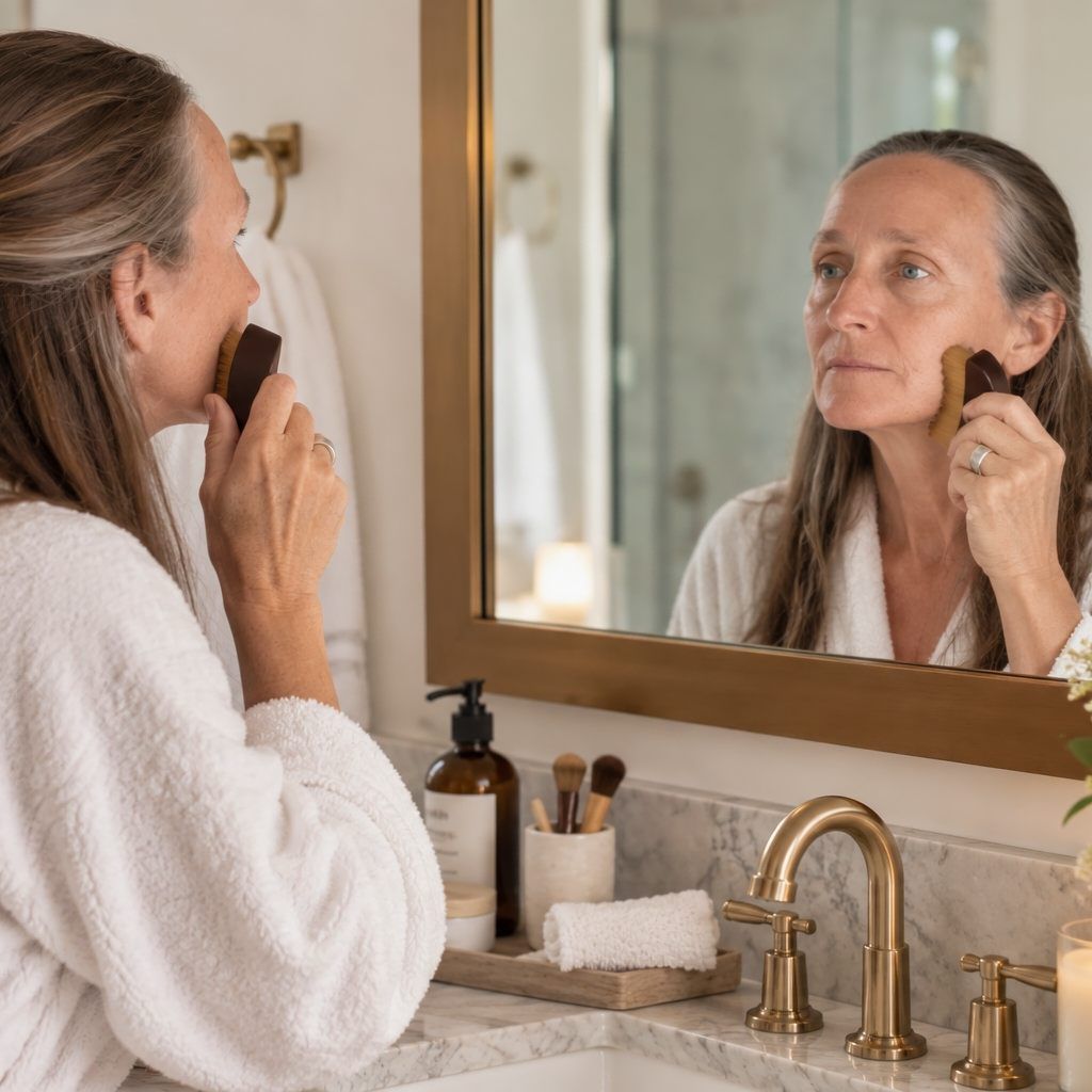 Woman using a facial gua sha brush looking in the mirror.