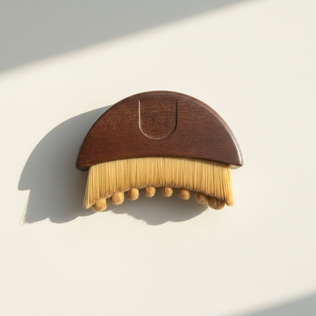 Close-up of the ultra-soft, micro-fine vegan bristles on a facial dry brush for sensitive skin.