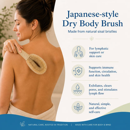 Woman using a Japanese-style dry body brush on her back with product details on the side.
