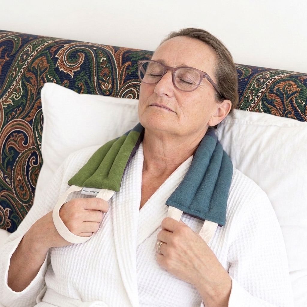 A woman wearing a white robe rests against a white pillow on a bed, holding a linen neck wrap with green and blue fabric sections around her neck.