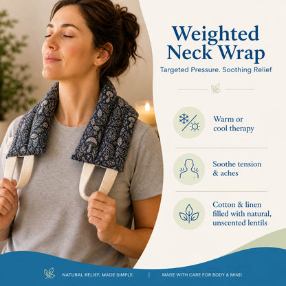 Woman wearing a weighted neck wrap with product features on a white background