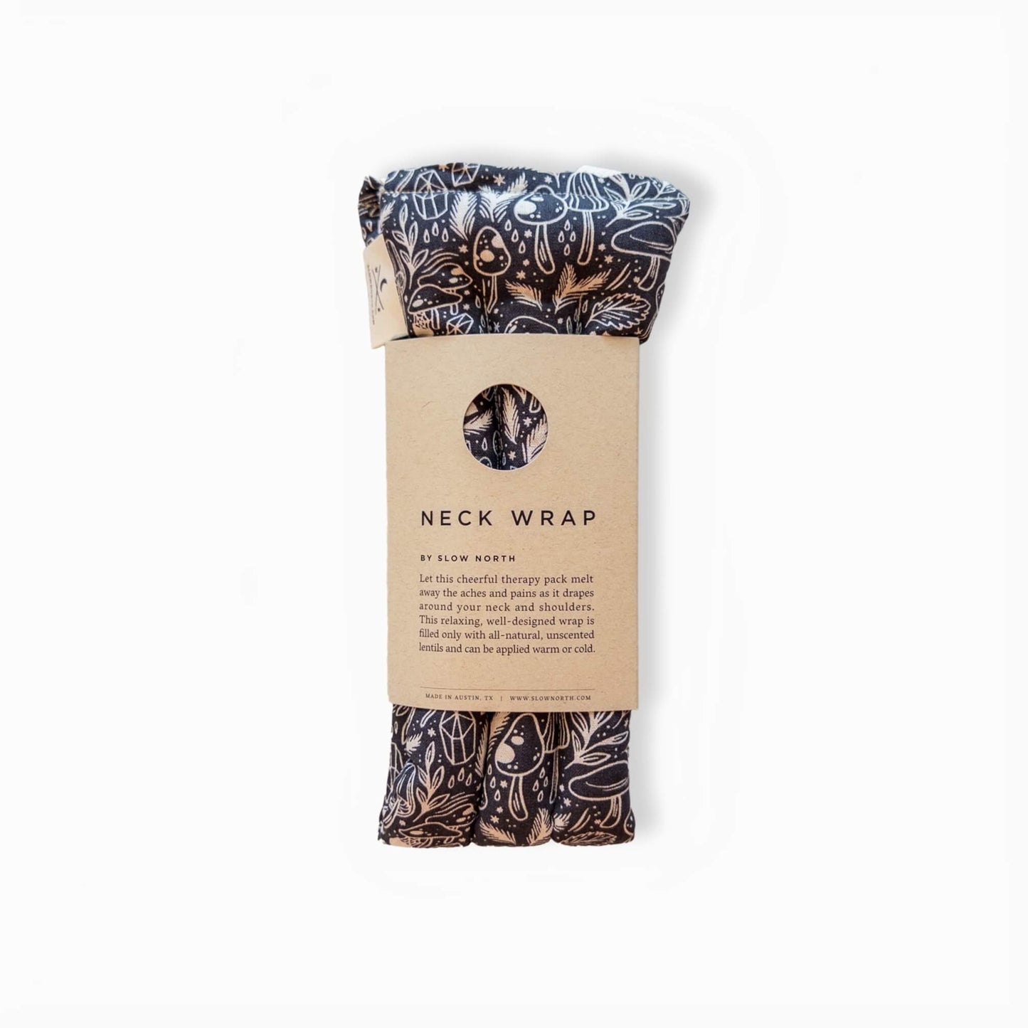 Stress relief weighted neck wrap with mushroom pattern on a white background