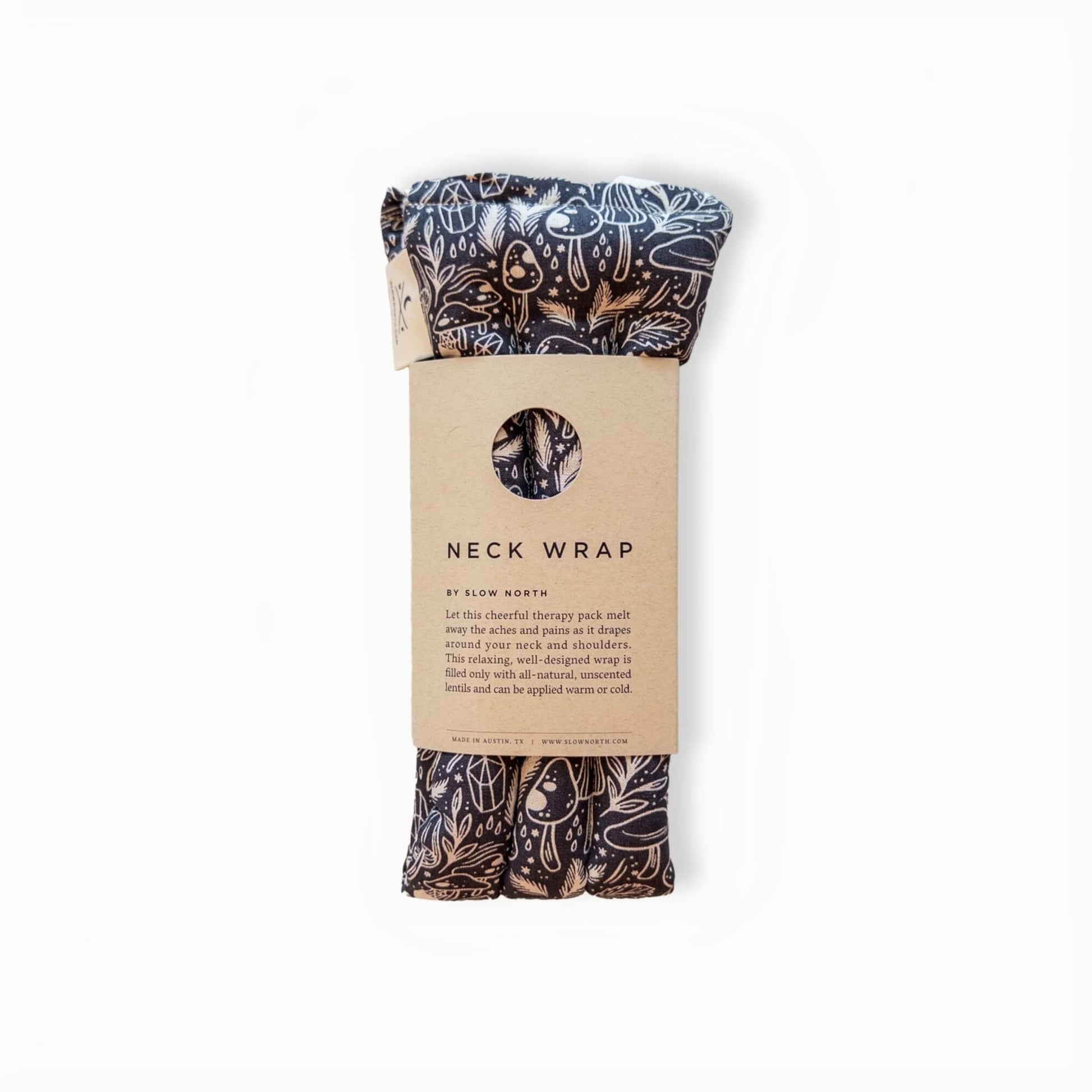 Stress relief weighted neck wrap with mushroom pattern on a white background