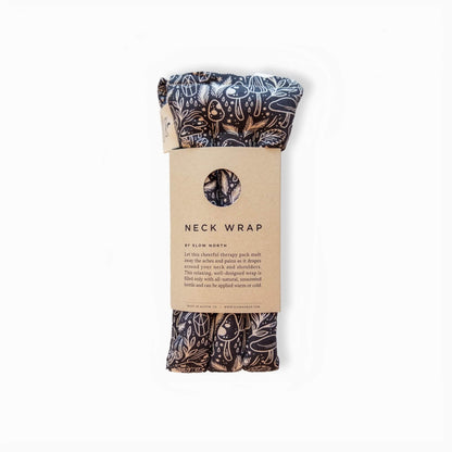 Stress relief weighted neck wrap with mushroom pattern on a white background