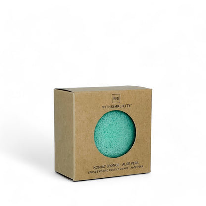 Konjac Facial Sponge with Aloe Vera in a brown box with a hole that shows the product