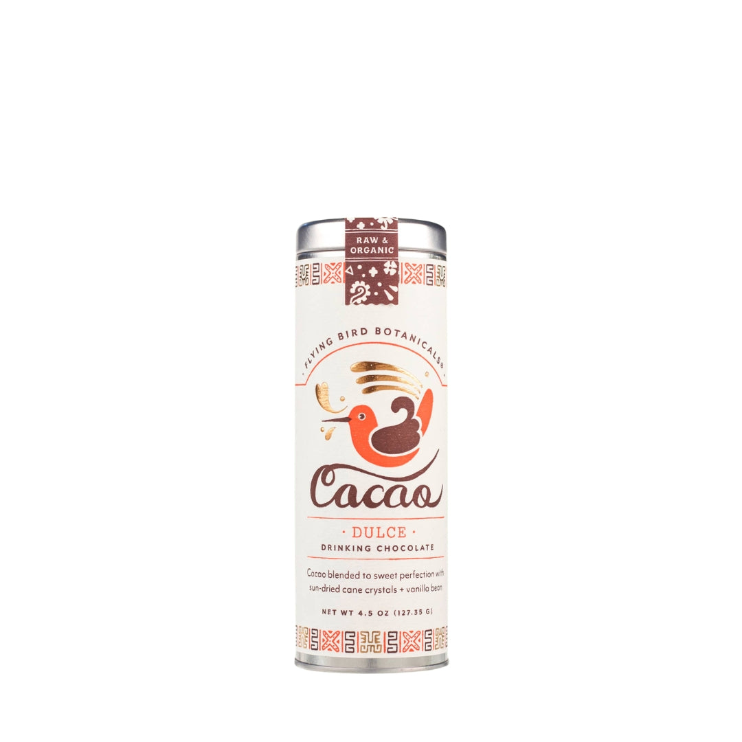 Cacao  Dulce drinking chocolate in a tin canister with decorative bird design from Flying Bird Botanicals