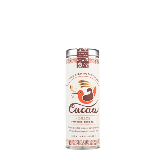Cacao  Dulce drinking chocolate in a tin canister with decorative bird design from Flying Bird Botanicals