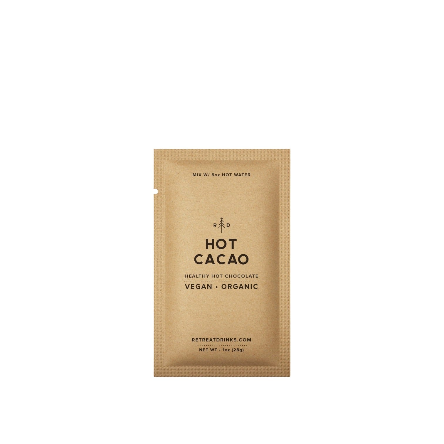 Single serving packet of vegan hot cacao mix from Retreat Drinks