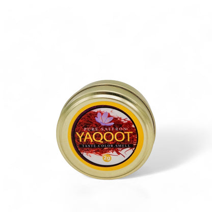 A small tin of organic saffron on a white background