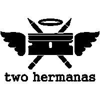 Black graphic logo featuring a winged razor blade with a halo and crossed tools above the brand name 'two hermanas' on a white background.