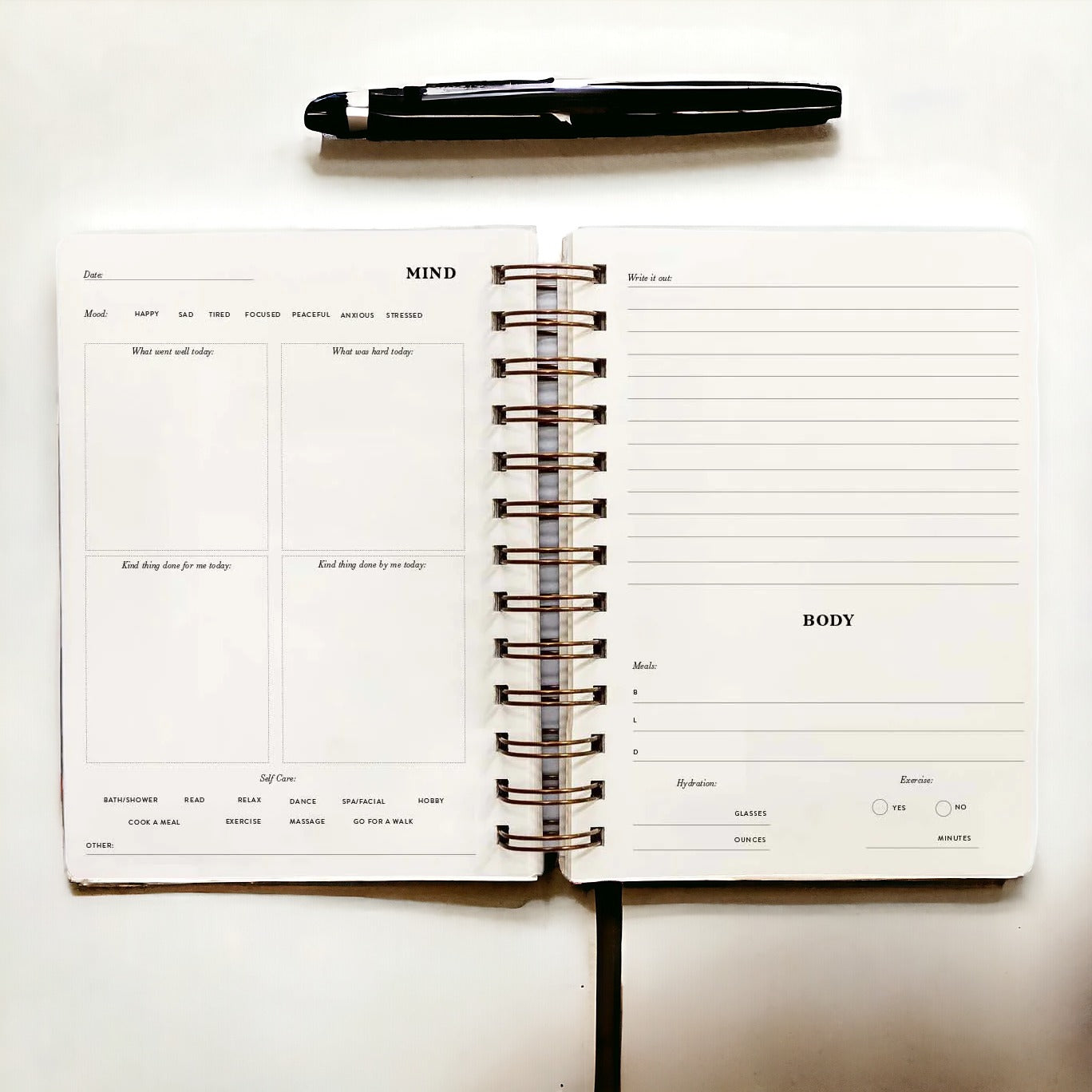The Wellness Journal open on a desk with a pen