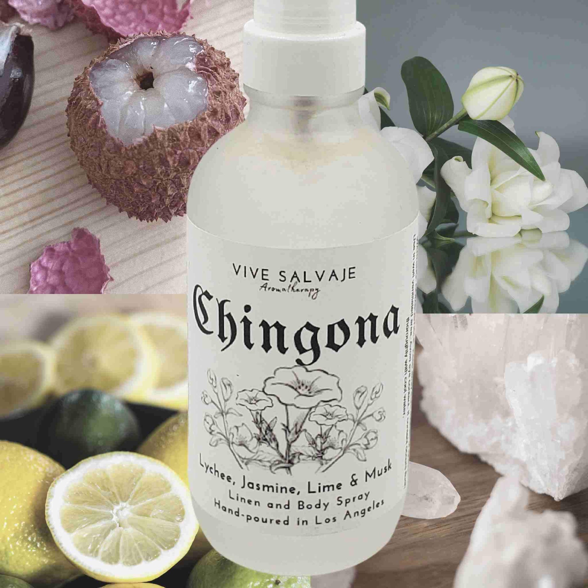 The Chingona Room & Linen Spray with a background of lychee, jasmine, limes, and salt