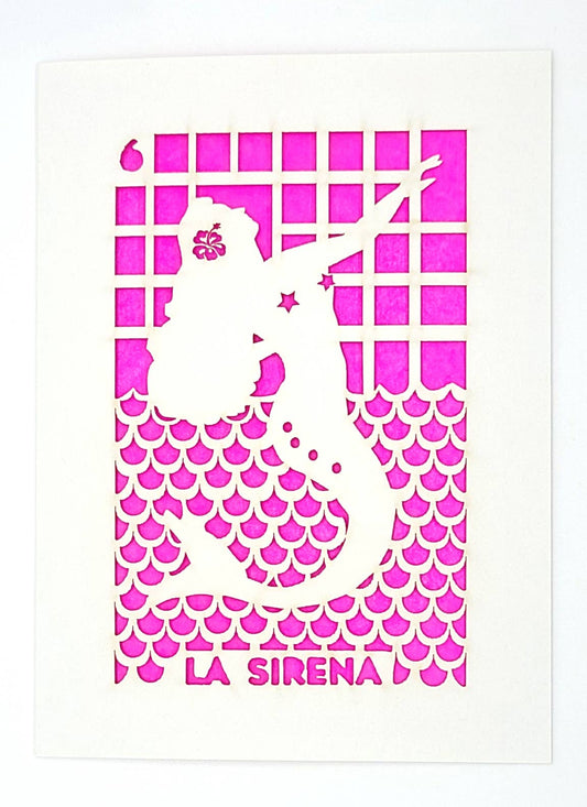 Greeting card with laser cut design of "la Sirena" on white with a pink background