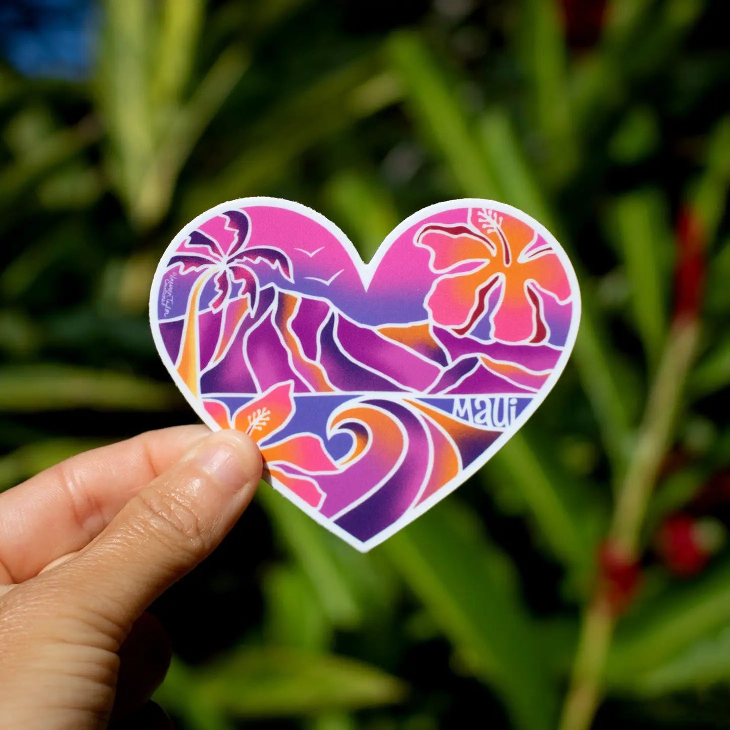 Maui Heart Scenic Sticker from Lauren Taylor Creations with palms in background