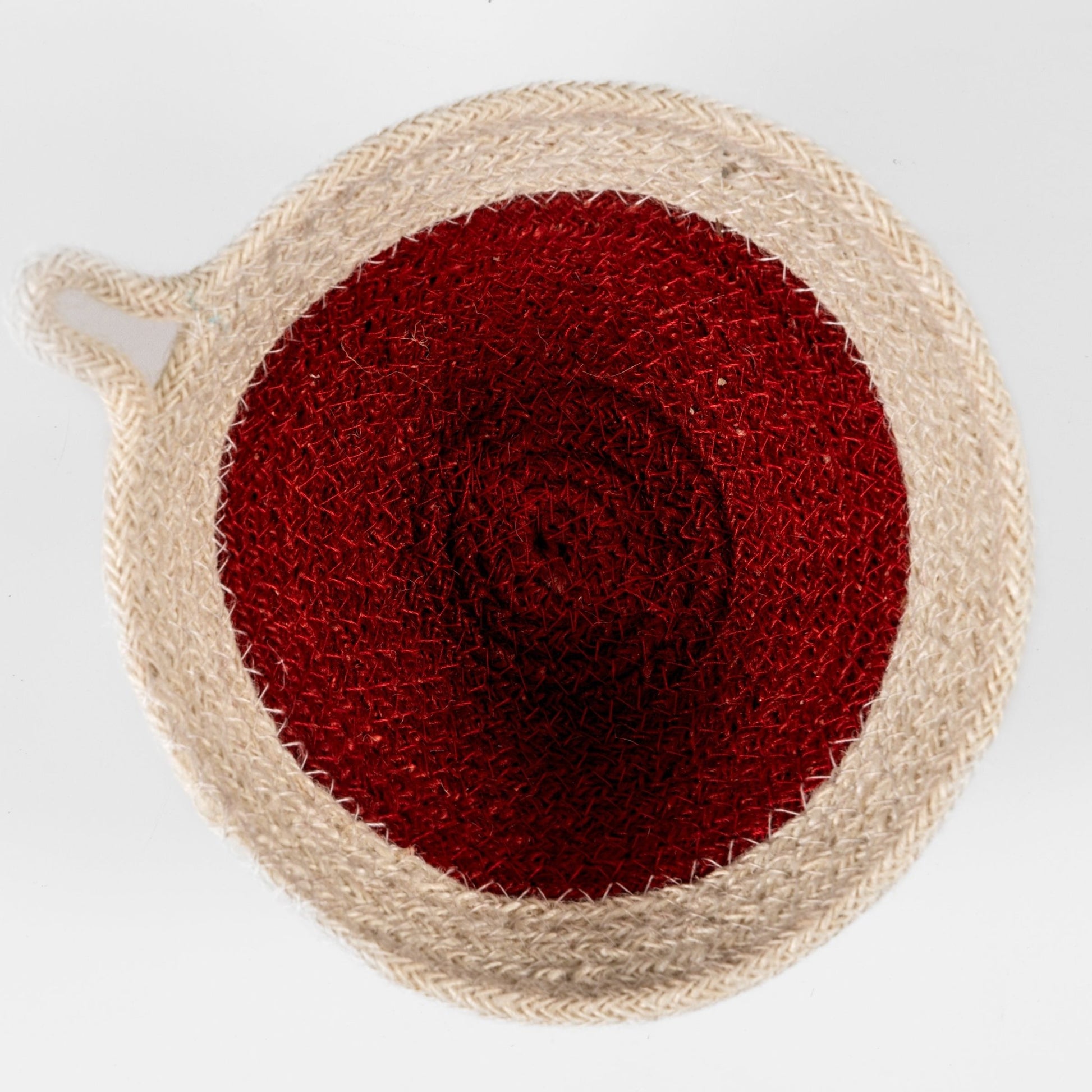 Top view of the jute Red and White Round Basket 