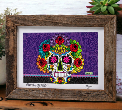 Vivid Sugar Skull print in Reclaimed Wood Frame on shelf with plants