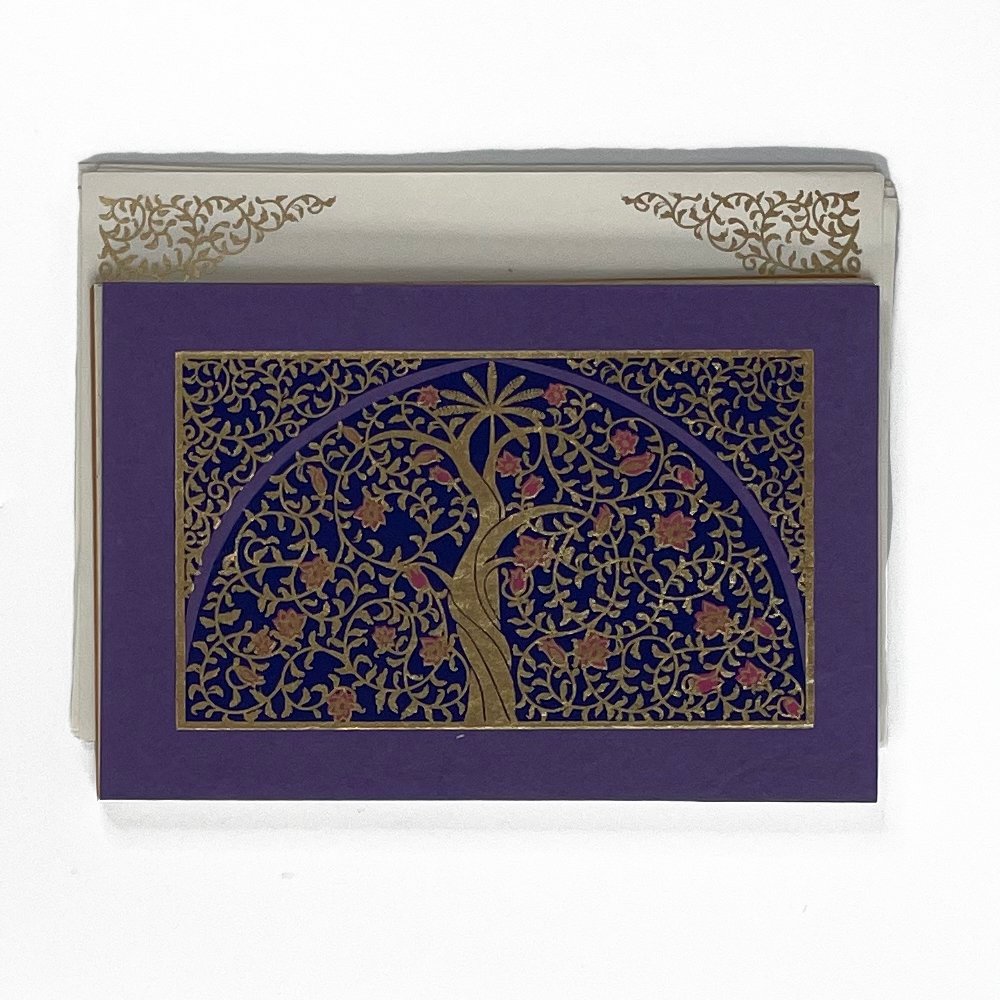 Single Upavan Notecard in purple with gold printing and embossed enveloope